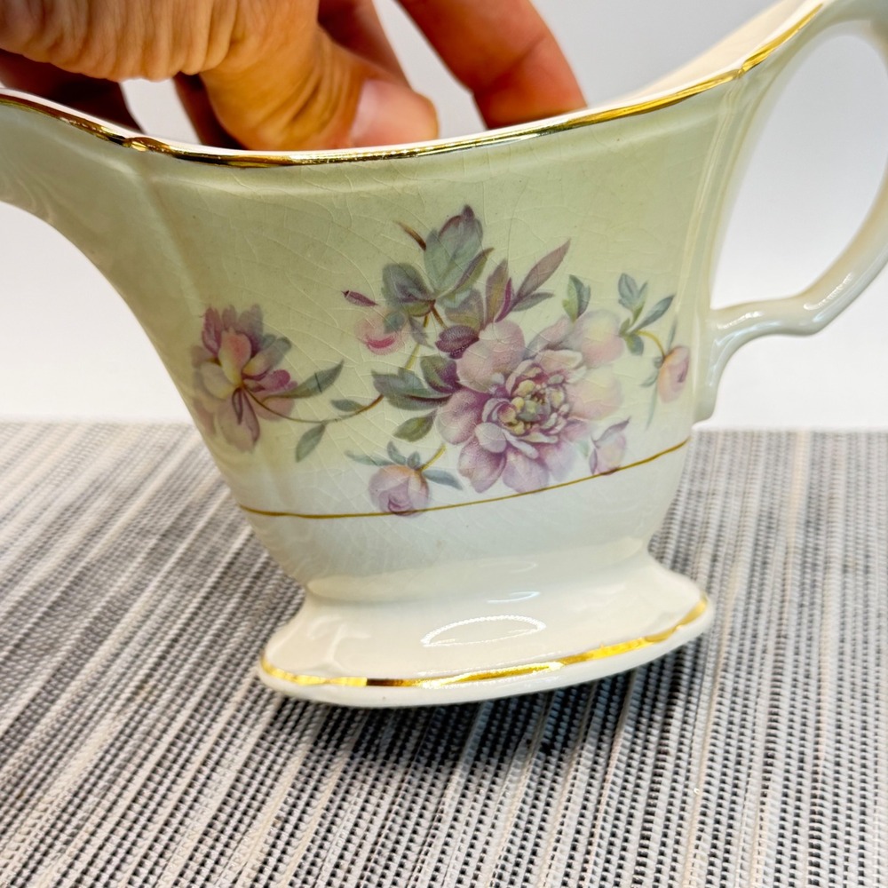Edwin M Knowles China Gravy Boat Vintage Floral Gold Trim Semi Vitreous 1944 USA - Picture 4 of 8